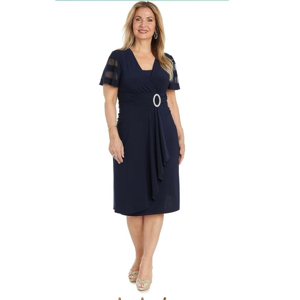 NWT R&M Richards Navy Blue Cascade Cocktail Dress with Rhinestone Buckle XL 16
